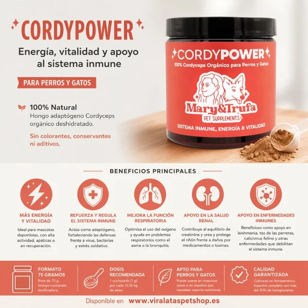 Mary & Trufa CordyPower Cordyceps para perros y gatos: energía, vitalidad y refuerzo del sistema inmune