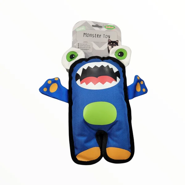 Monster Toy Blue — Peluche Monstruo Resistente con Chirriador para Perros