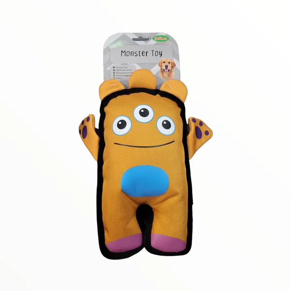 Monster Toy Yellow — Peluche Monstruo Resistente con Chirriador para Perros
