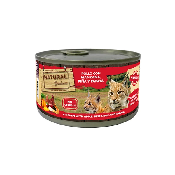 Natural Greatness Pack 12 latas Pollo con manzana, piña y papaya babycat, kitten&adult Cat (lata)