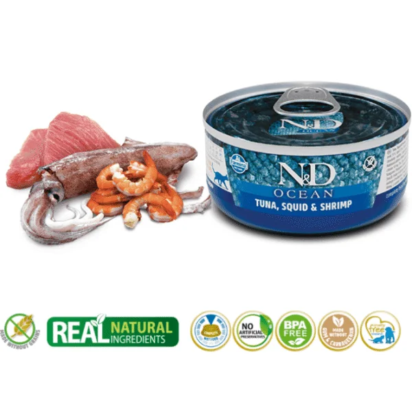 ND Ocean atún calamar gambas latas gatos adultos 24x70 g