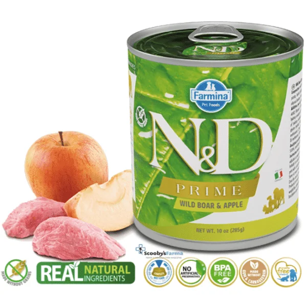 ND Prime dog lata Jabalí Manzana SIN CEREALES perros adultos 6x285 g