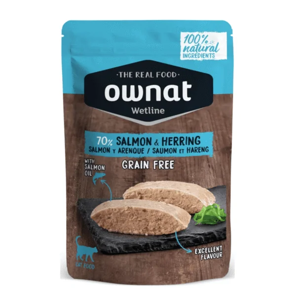 Ownat Wetline salmón arenque comida húmeda gatos adultos pouches 85 g