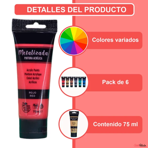 Pack Pinturas Acrílicas Metalizada De 6 Colores Para Lienzos Y Manualidades 75 Ml Multicolor