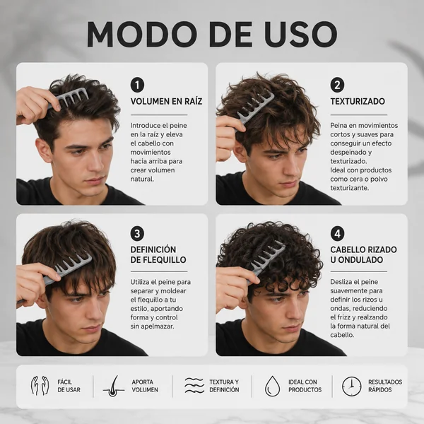Peine Voluminizador de Dientes Anchos para Cabello Gris