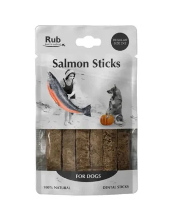 Premio Rub Stick Dental de Salmón para Perros 100g – Regular Size 2×2 | Snack Natural para la Higiene Bucal