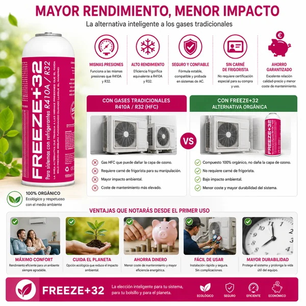 Refrigerante Freeze +32 Organico Sustituto R32, R410A 1000ml