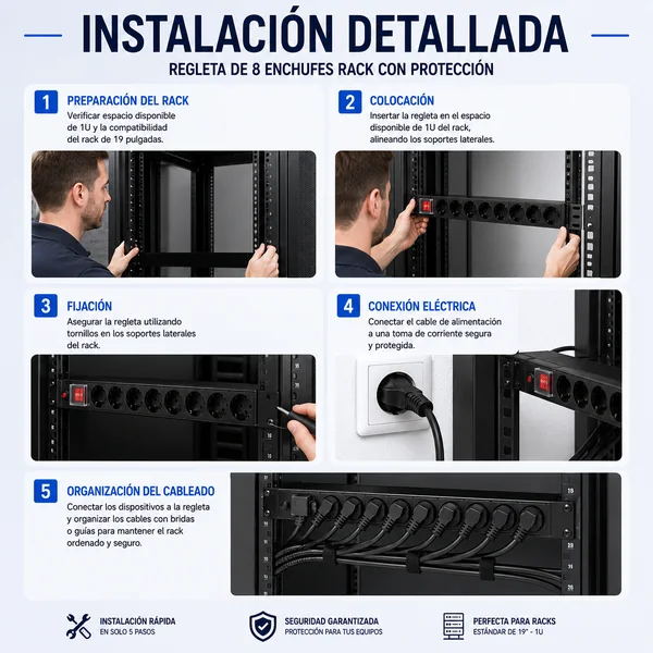 Regleta de enchufes rack 19 de 8 schuko con proteccion Negro
