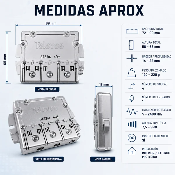 Repartidor interior 4 direcciones 9/7.5 dB Gris