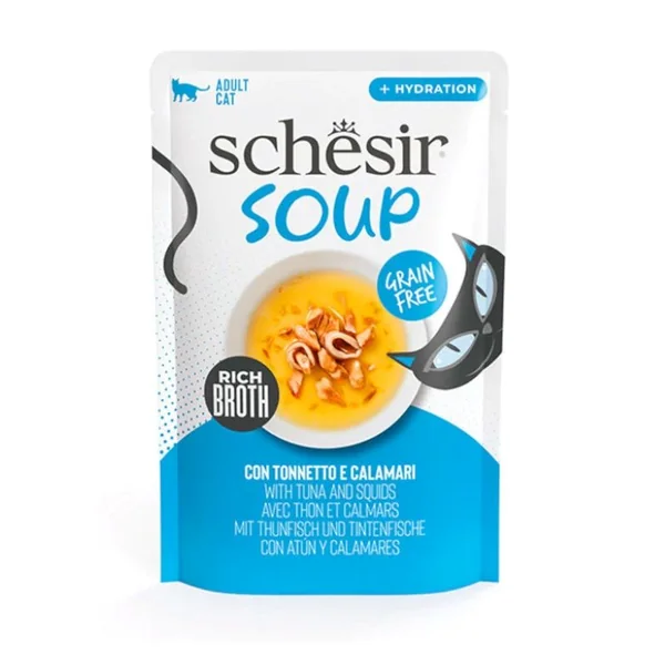 Schesir Sopa de Atún y calamar para Gatos – Sopa Natural para Hidratación