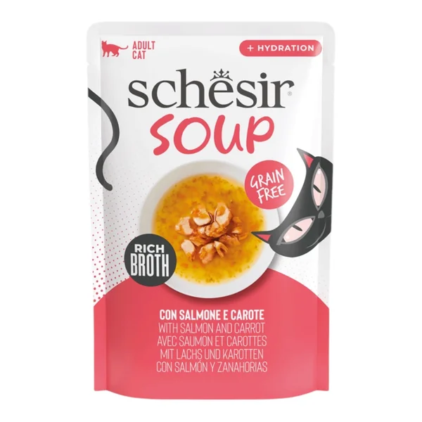 Schesir Sopa Salmón Rosado y Zanahoria para Gatos — Comida Húmeda