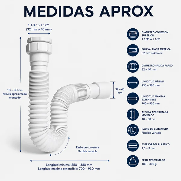 Sifón Extensible 1-1/4" 1-1/2" 32-40mm Blanco