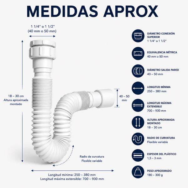 Sifón Extensible 1-1/4" 1-1/2" 40-50mm Blanco