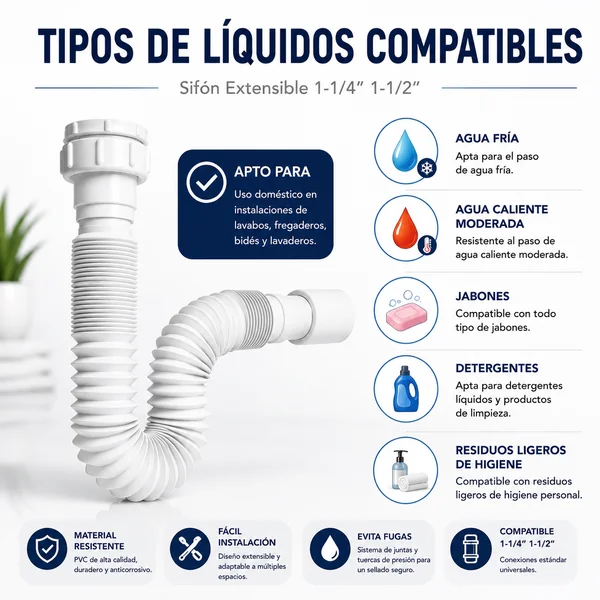 Sifón Extensible 1-1/4" 1-1/2" 40-50mm Blanco