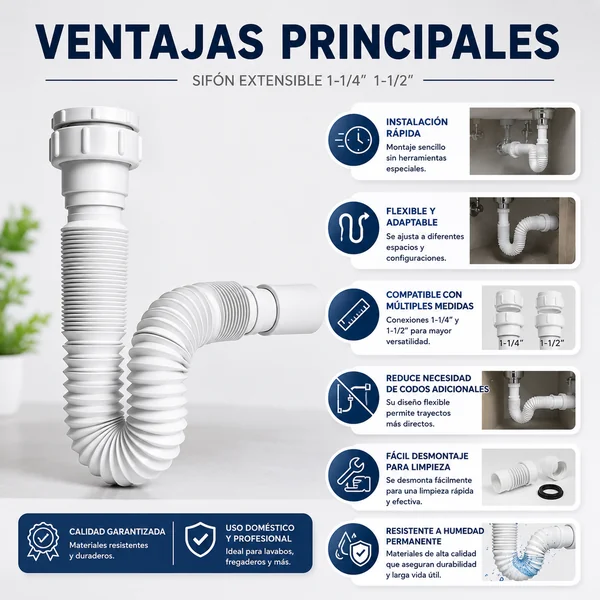 Sifón Extensible 1-1/4" 1-1/2" 40-50mm Blanco