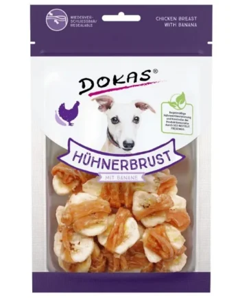 Snack natural Dokas Pechuga de pollo con banana para perro 70gr