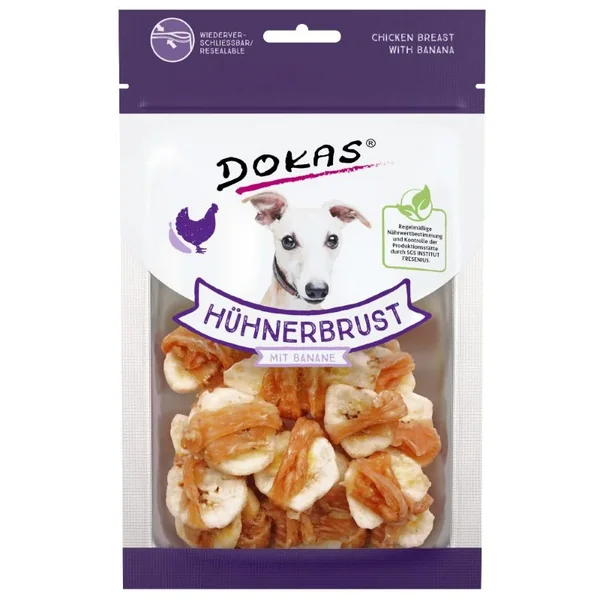 Snack natural Dokas Pechuga de pollo con banana para perro 70gr