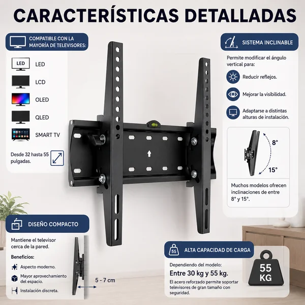 Soporte TV fijo inclinable pared de 32 a 55 pulgadas Negro