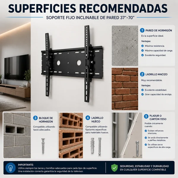 Soporte TV fijo inclinable pared de 37 a 70 pulgadas Negro