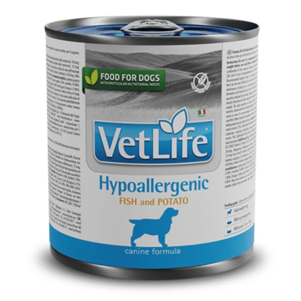 Vet Life Hypoallergenic lata PESCADO y patata alergias perros 6x300 g